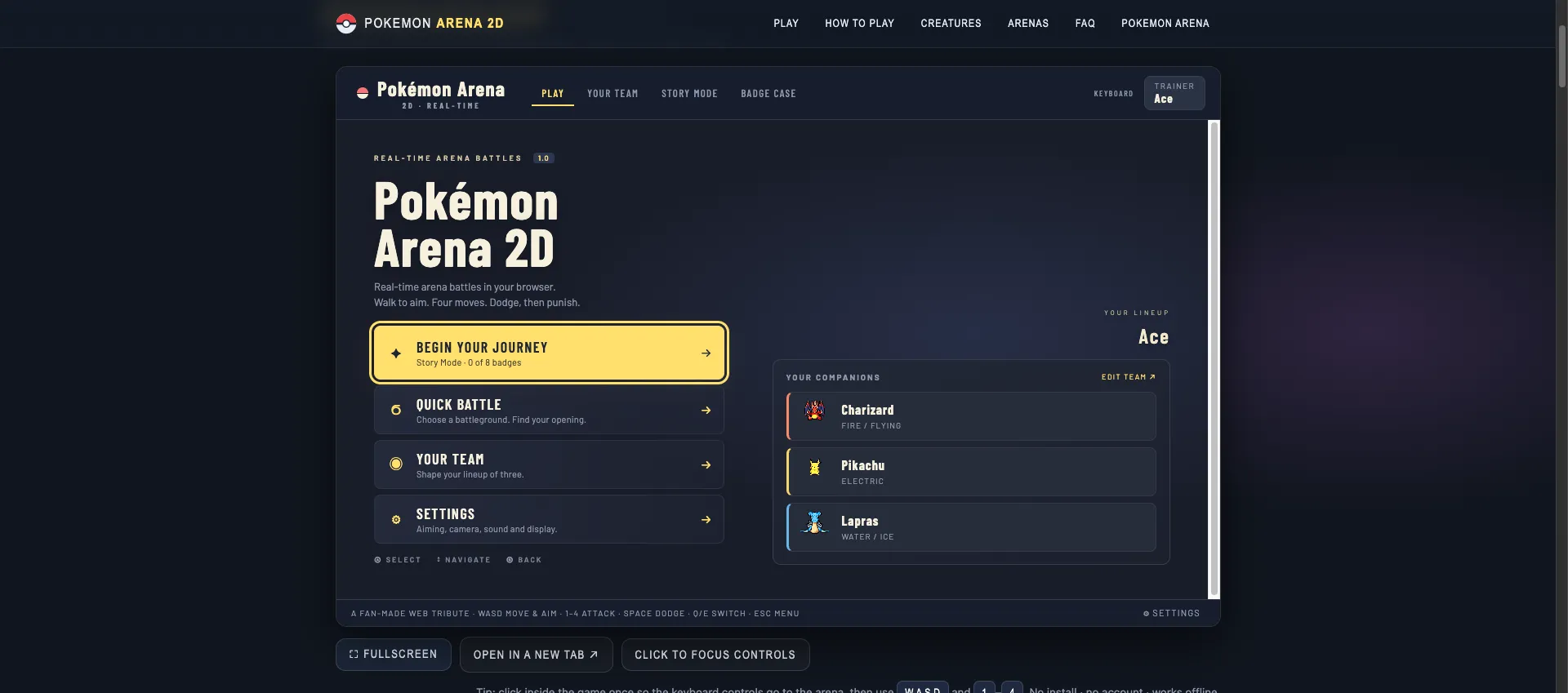 Browser arena title menu with the control strip WASD, 1-4, Space, Q/E, and Esc.