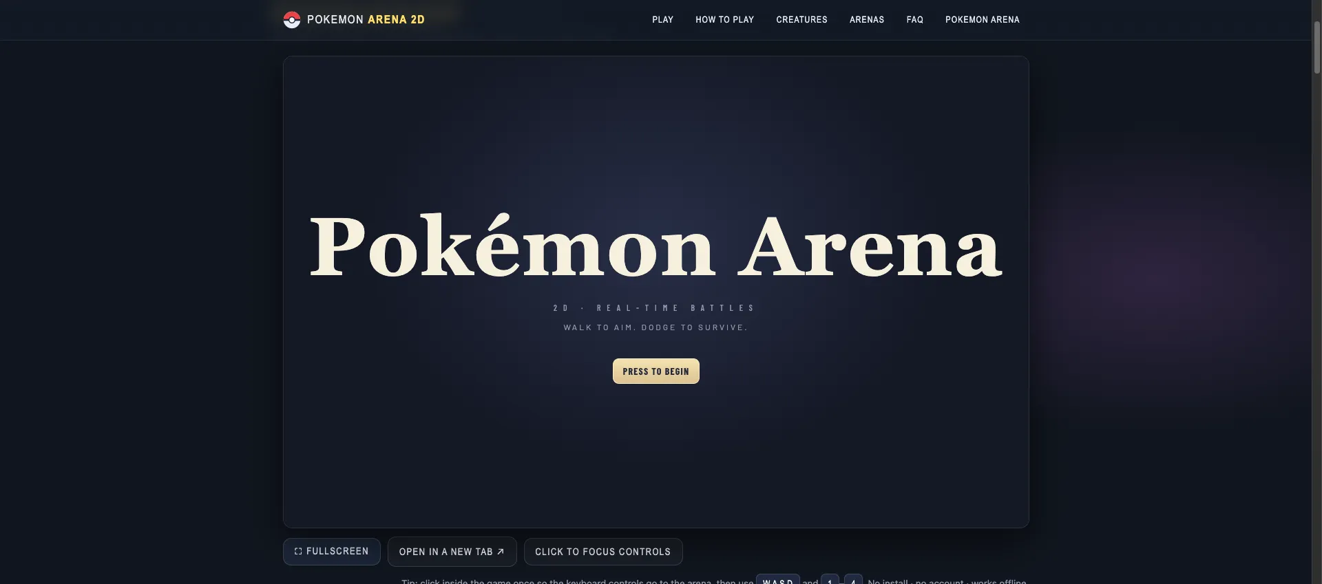 Browser arena title screen showing version 1.0.