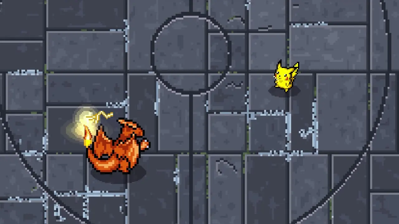 Charizard and Pikachu on a stone arena in Pokemon Arena 2D.