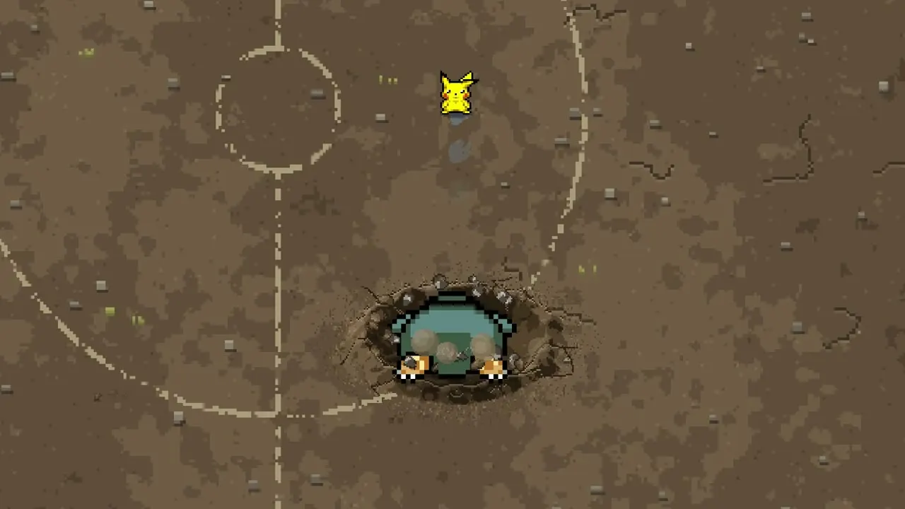 Pikachu beside a crater arena in Pokemon Arena 2D.