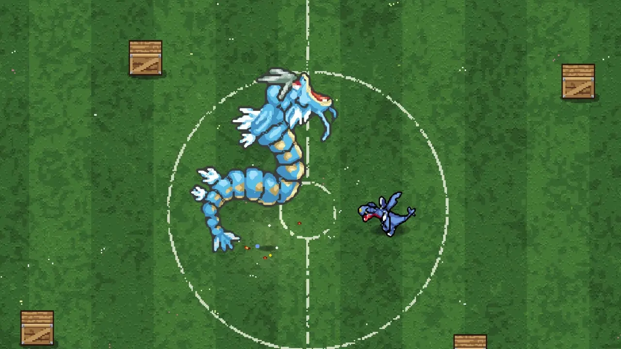Pixel Gyarados on a grass arena with a white center circle, from Big Kid Nation's Pokemon Arena 2D page.